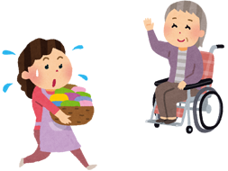 家事をする女性と車椅子の高齢女性のイラスト